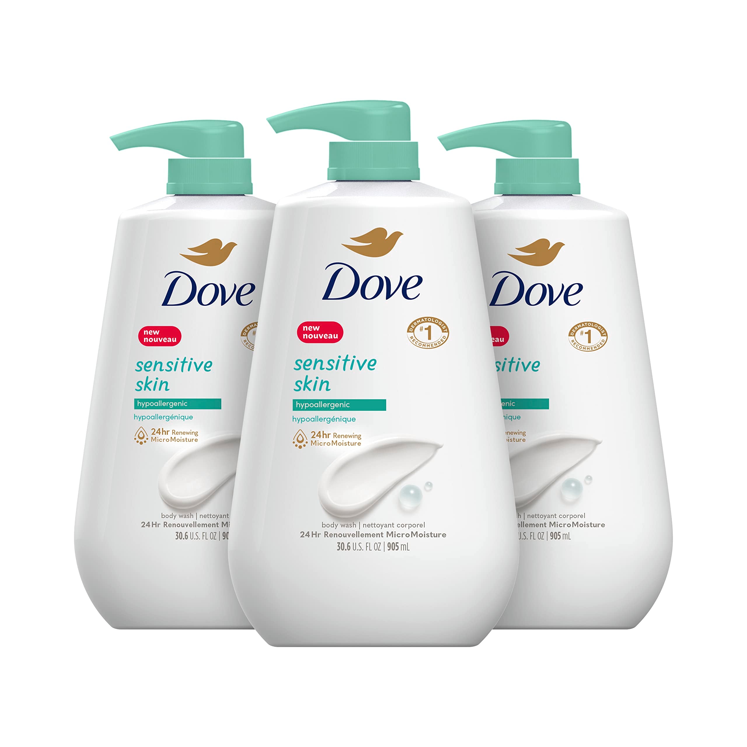 Dove Body Wash Hypoallergenic and Sulfate Free Body Wash Sensitive Skin Effectively Washes Away Bacteria While Nourishing Your Skin 34 oz 3 Count